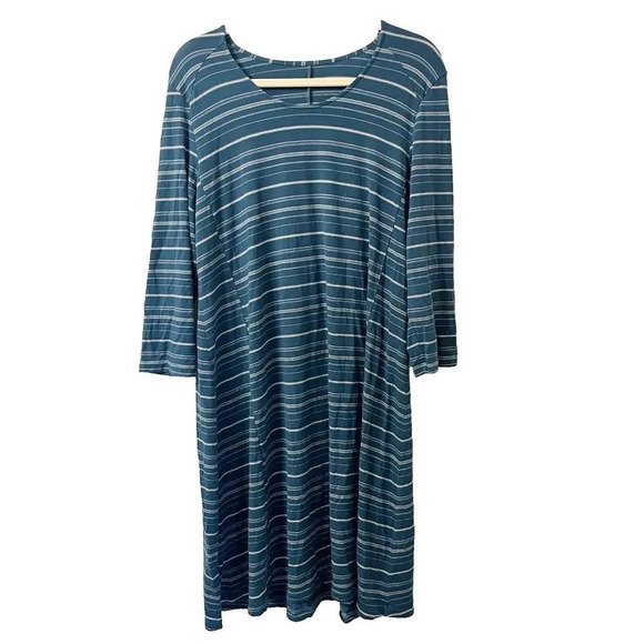 Garnet Hill Womens Shirt Dress Teal Blue Large Striped Stretch Long Sleeve - Picture 2 of 10